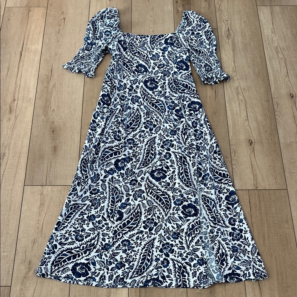 Blue & White Floral Square-Neck Maxi Dress